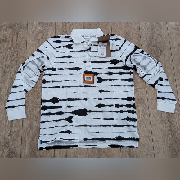 $1090 Mens Burberry Zebra Striped Long Sleeve Pique Polo Shirt White/Black Small